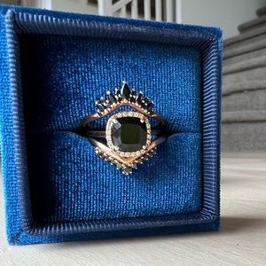 Ring size 9 14k rose gold 8x8 cushion cut black spinel with diamond halo